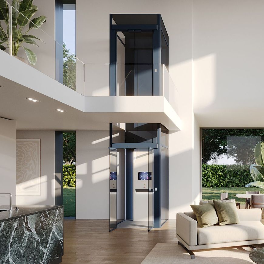 Dettaglio cabina CODE con pareti in vetro e finiture in metallo
