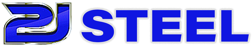 Blue metallic &ldquo;2J STEEL&rdquo; logo on a white background