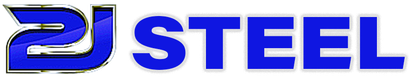 Blue metallic &ldquo;2J STEEL&rdquo; logo on a white background