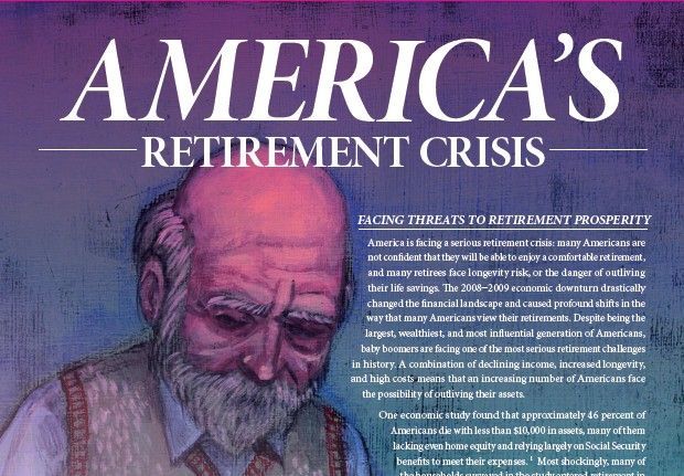 Magazine cover reading “America’s Retirement Crisis” with a sad older man illustration on a purple background