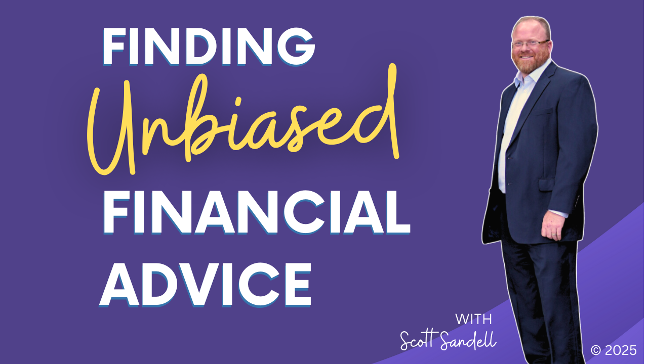 Purple title slide reading “Finding Unbiased Financial Advice” with a suited man standing on the right.