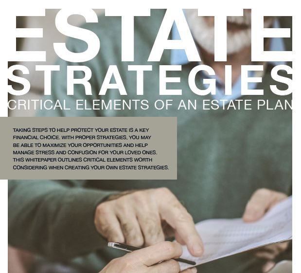Estate planning flyer with large white title over a person signing papers at a table