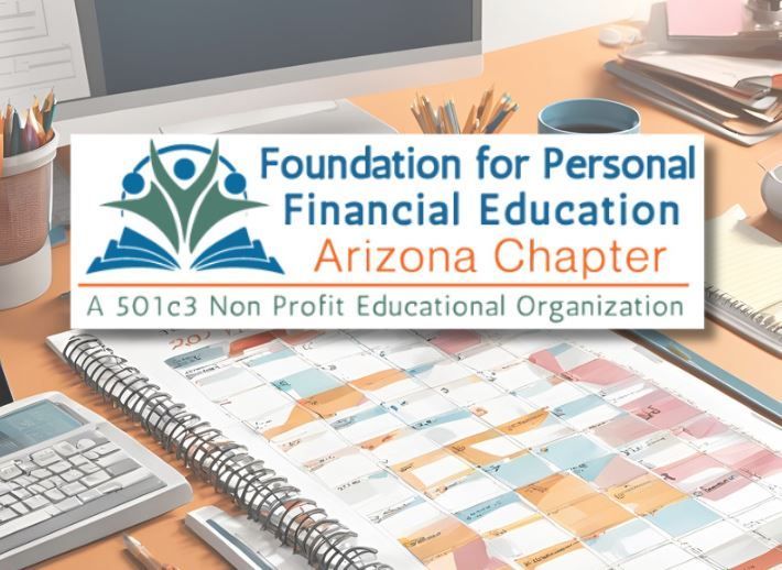 Foundation for Personal Financial Education Arizona Chapter banner over a desk with laptop and calendar, nonprofit educational organization