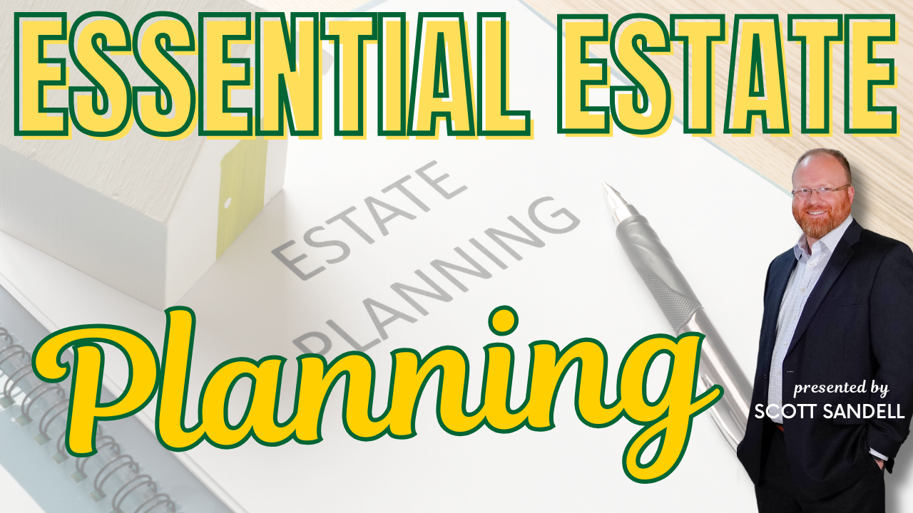 Essential Estate Planning title graphic with a man in a suit beside a pen and estate planning documents