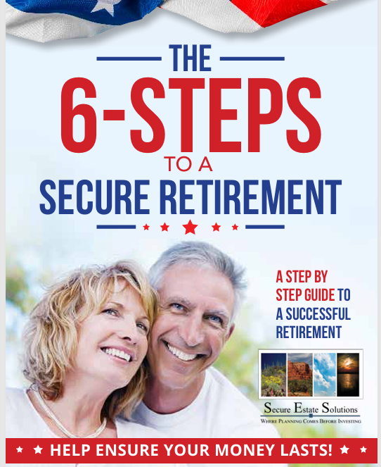 Cover reading “The 6-Steps to a Secure Retirement” with smiling couple and red-blue accents.