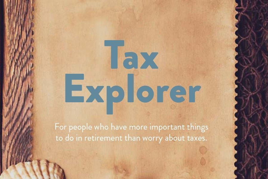 Tax Explorer title on a beige textured background with blue text and a seashell corner accent
