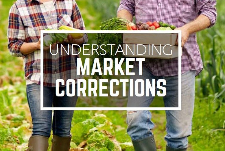 Two farmers standing in a crop field with text overlay reading “Understanding Market Corrections”