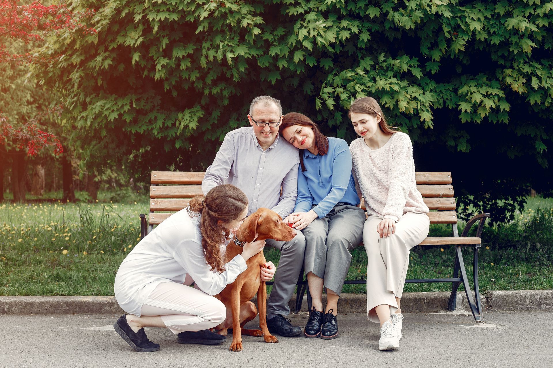 Woman kneels to pet a small dog beside three people on a park bench