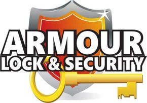 Armour Lock & Security Logo for Armour Lock & Security featuring a grey shield, an orange emblem, and a large gold key.