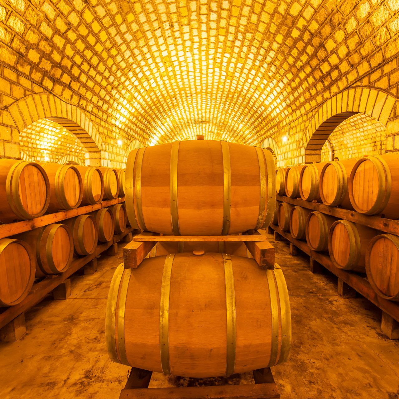 A row of wooden barrels stacked on top of each other in a wine cellar.