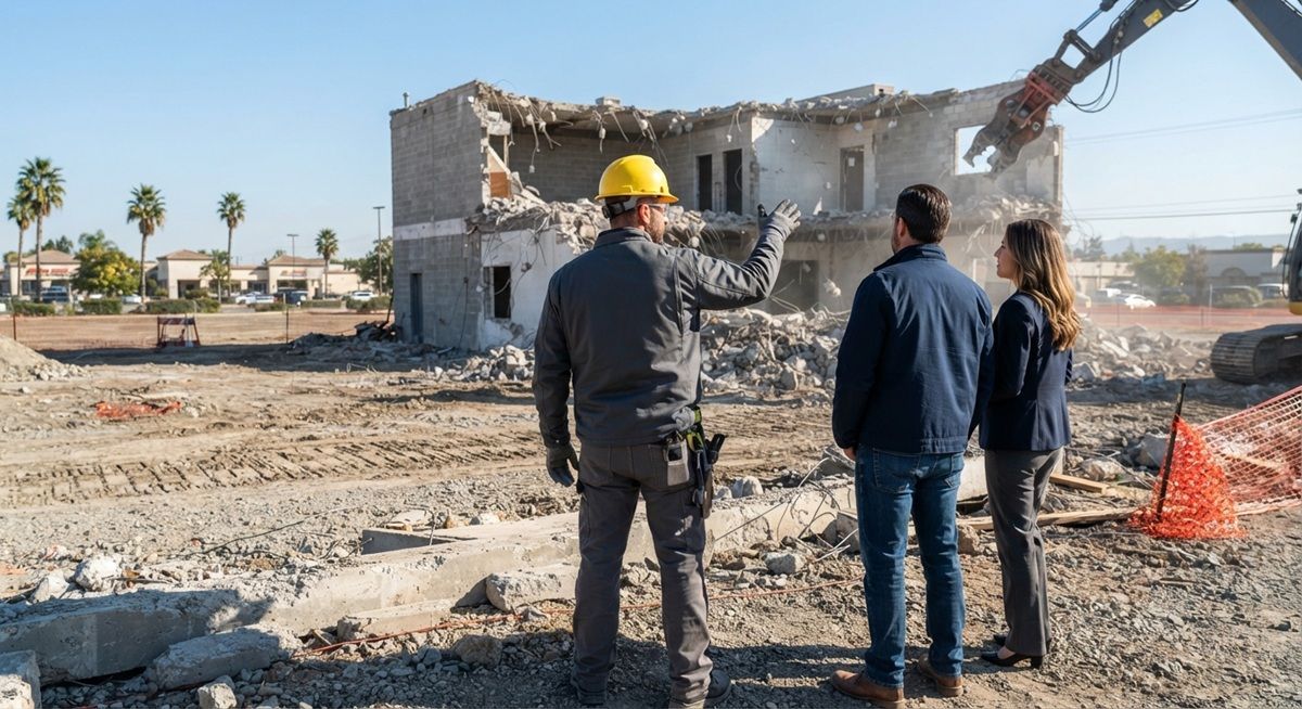 Commercial demolition contractor discussing project progress with clients on-site in Manteca, California.