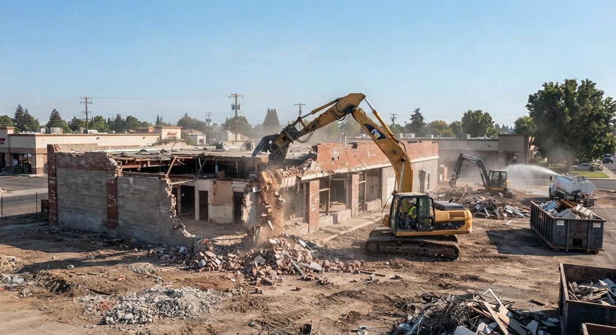 Commercial building demolition in Manteca, California with heavy machinery.