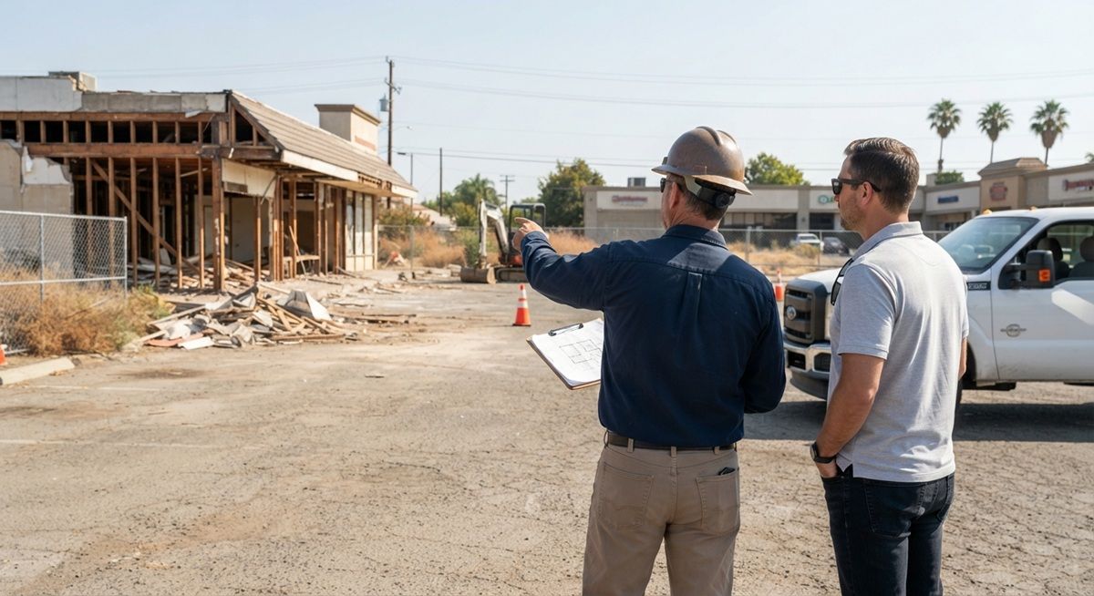Contractor discussing commercial demolition project details with a client in Manteca, California.