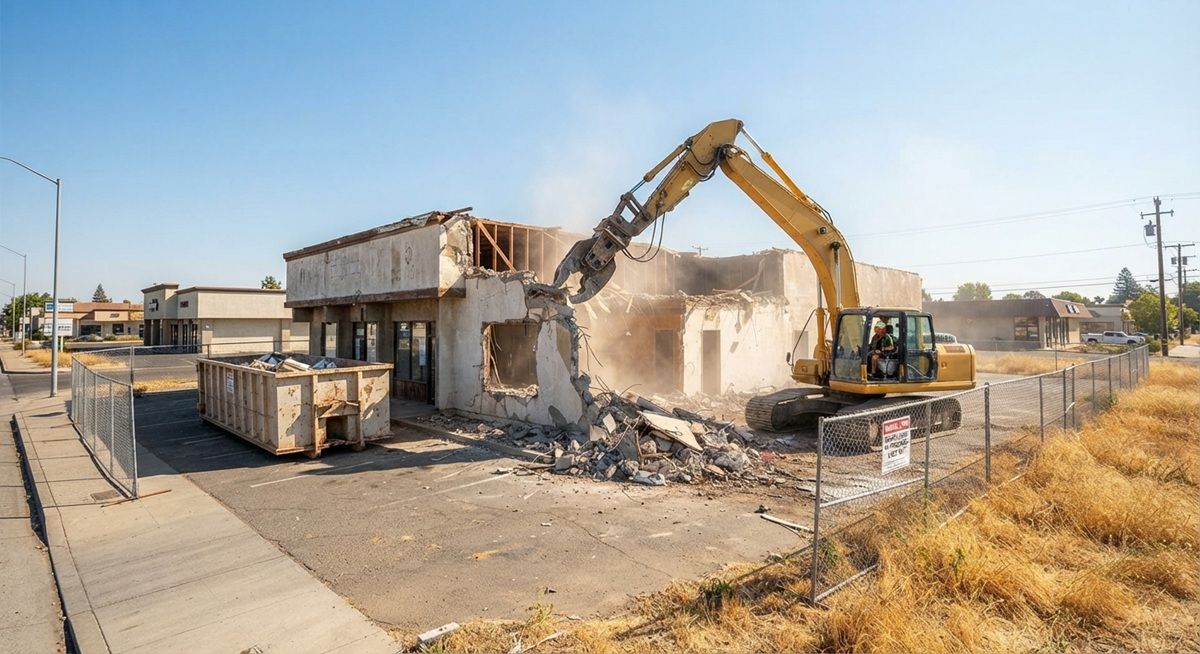 Yellow excavator demolishing a commercial building in Manteca, California.