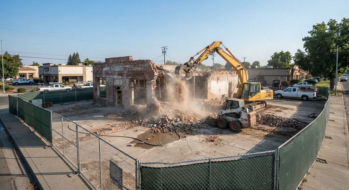 Commercial demolition services active on a job site in Manteca, California.