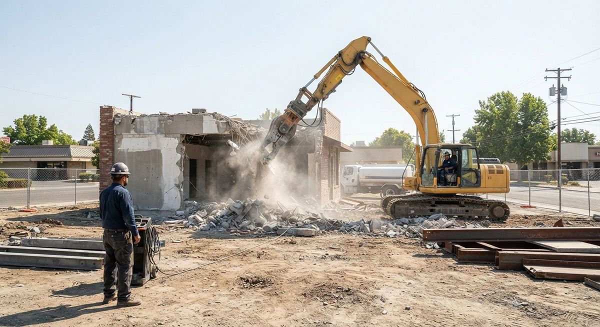 Commercial demolition excavator tearing down a building in Manteca