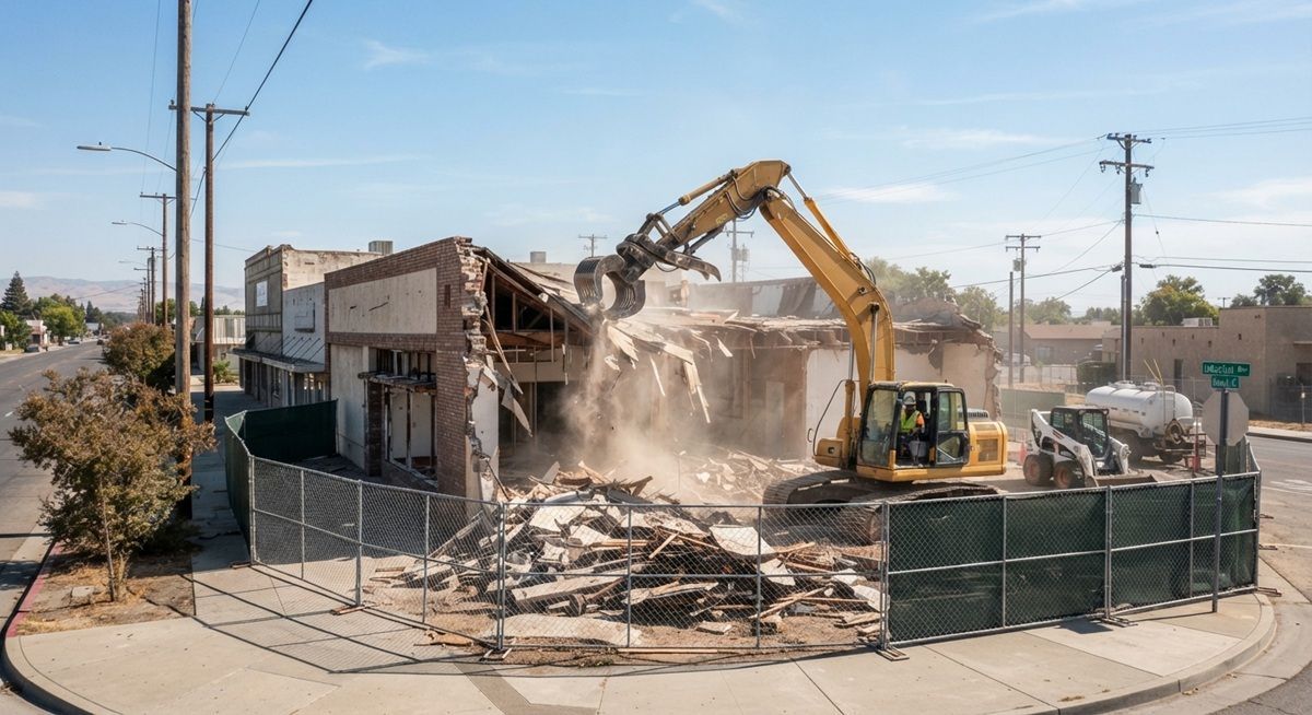 Excavator demolishing a commercial structure in Manteca, California.
