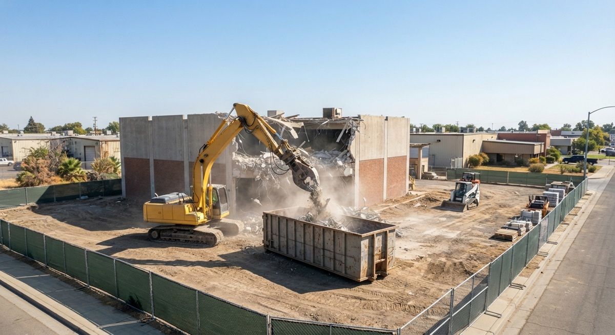 Commercial building demolition in progress in Manteca, California