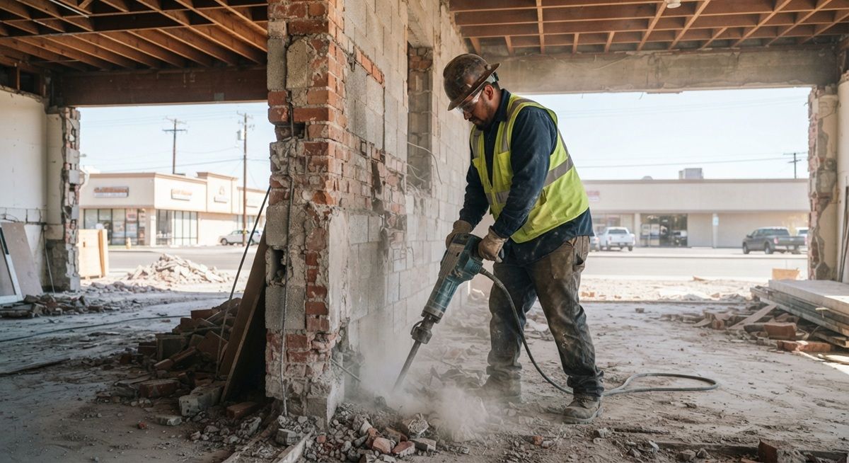 Commercial demolition contractor using a jackhammer inside a building in Manteca, California.