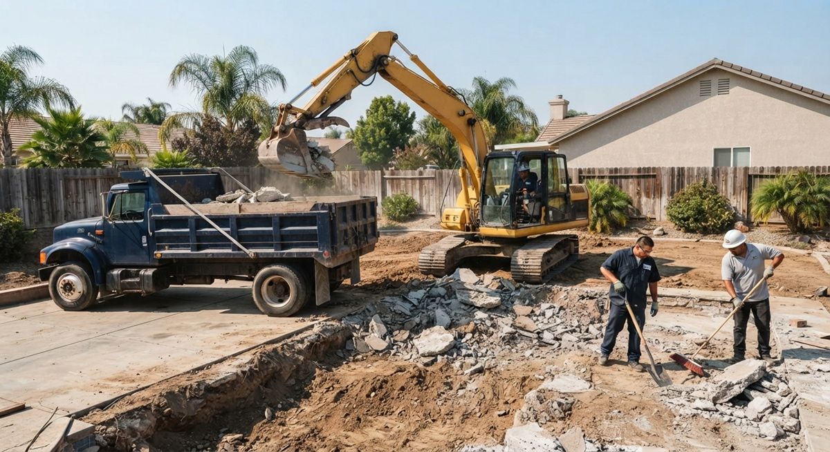 Excavator loading concrete debris into dump truck at residential pool removal site.