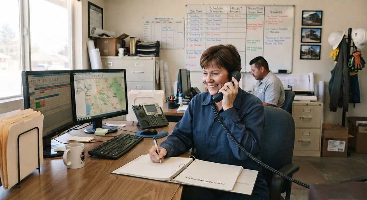 Demolition contractor handling service calls at an office desk in Manteca.