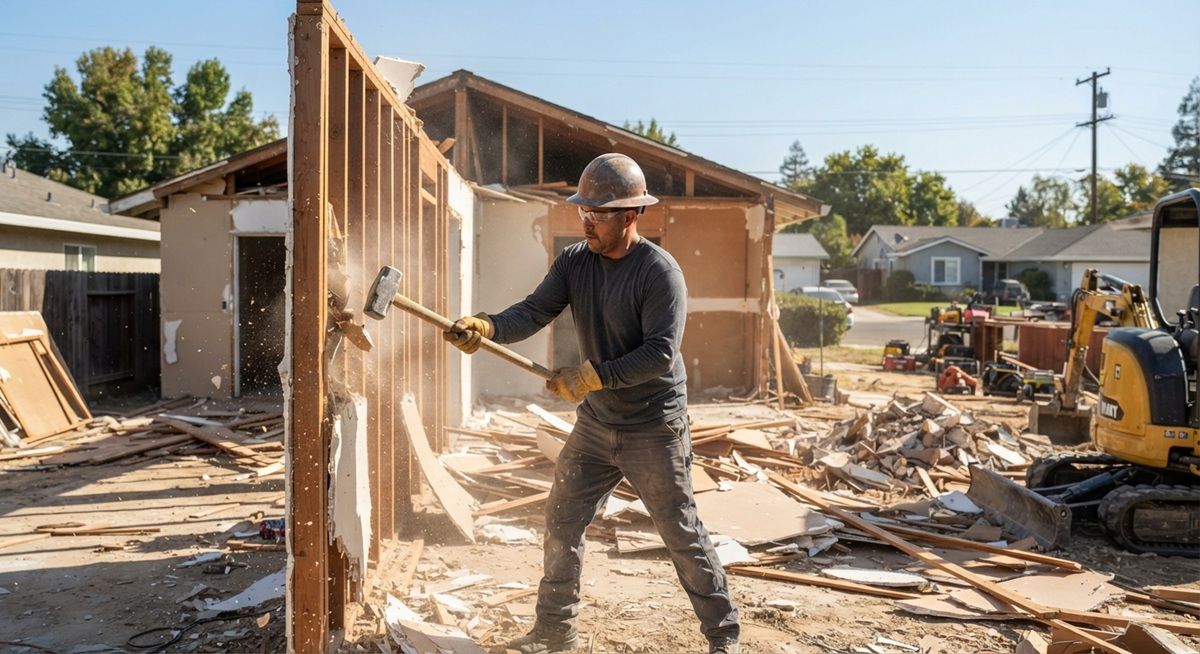 Local contractor hammering a wall during a residential house demolition project in Manteca, California.