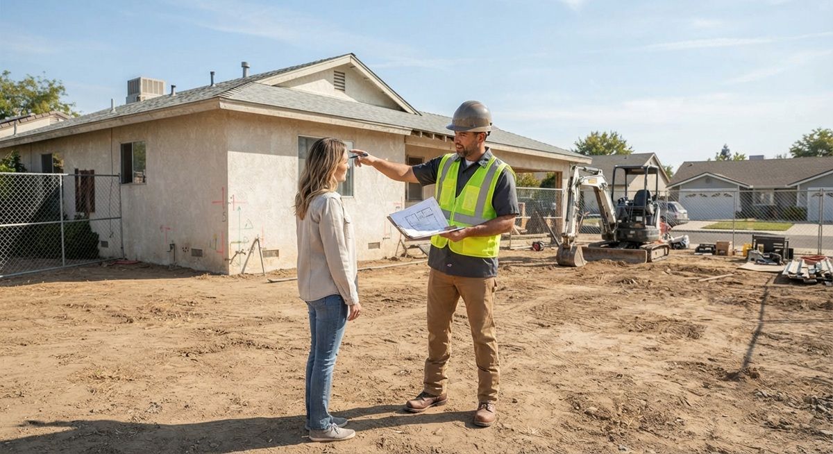 Contractor and homeowner reviewing plans on a house demolition site in Manteca, California.