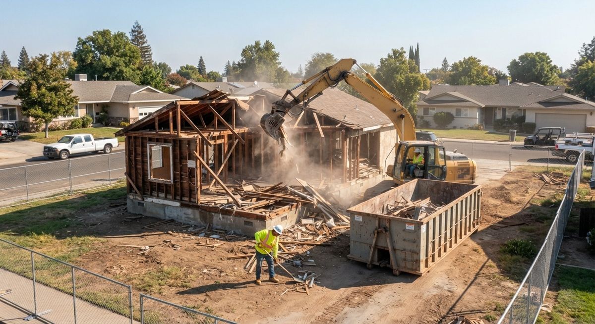 Excavator demolishing a residential house with a dumpster on site.