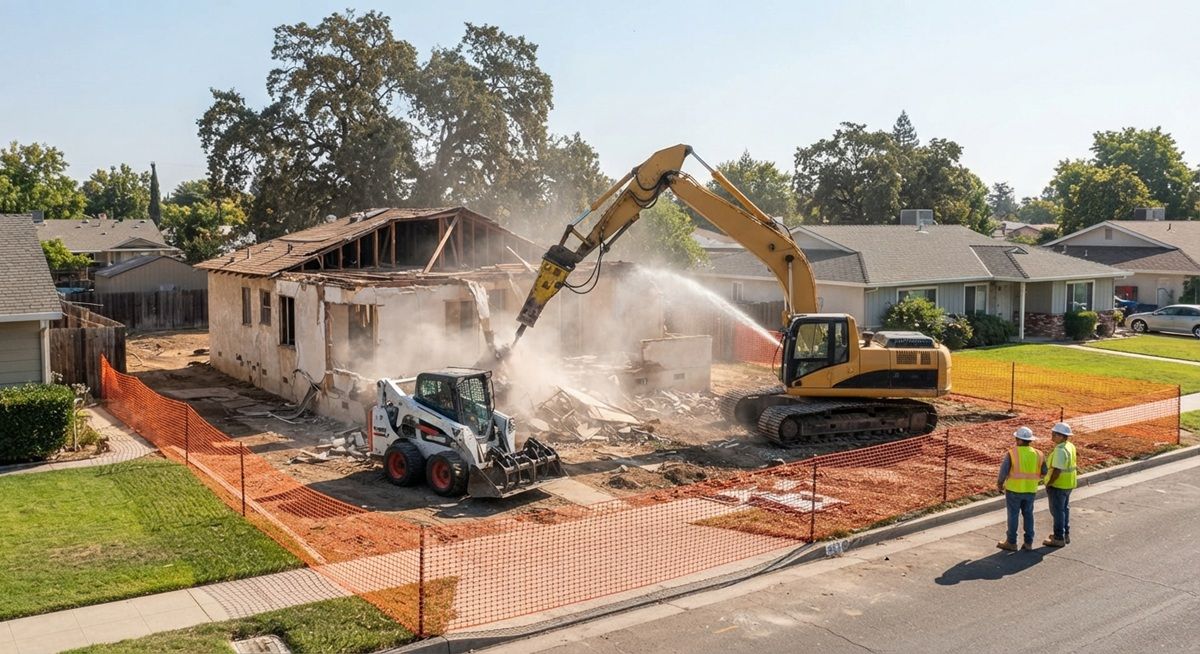 Manteca demolition contractors safely demolishing a local home.