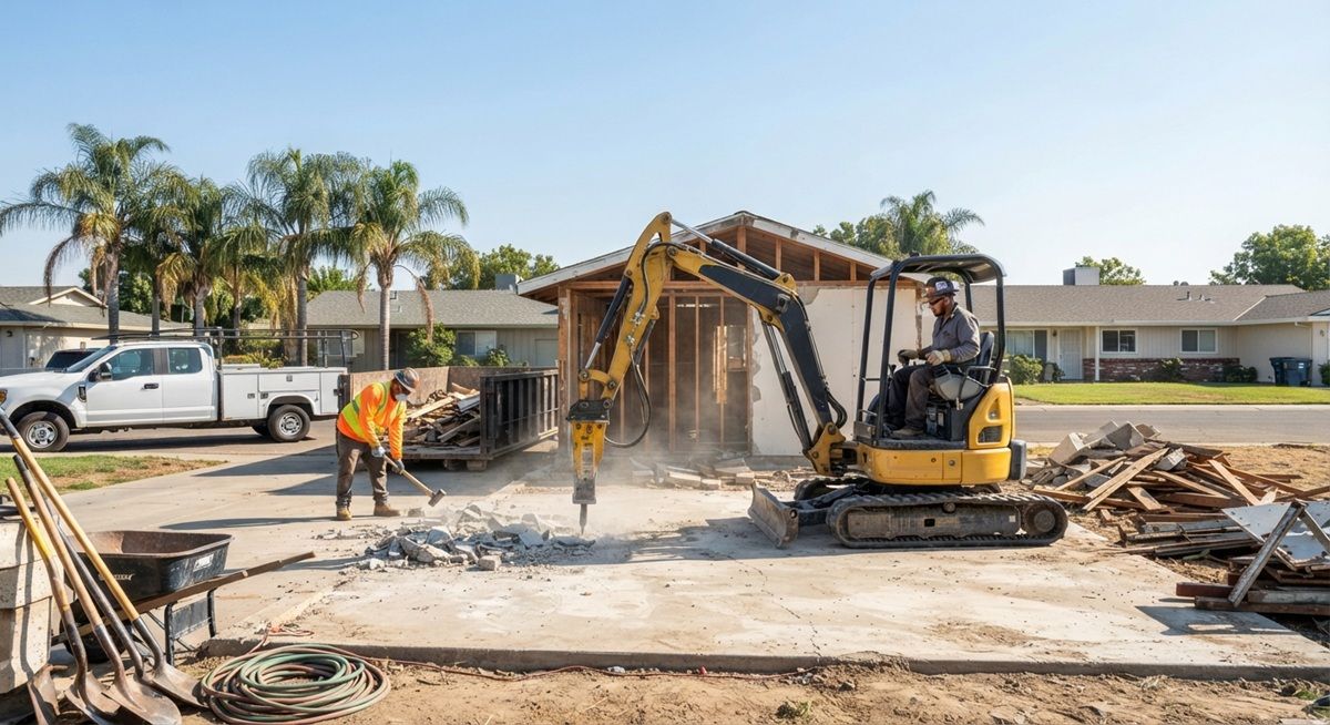 Professional demolition team using an excavator in Manteca, CA. 
