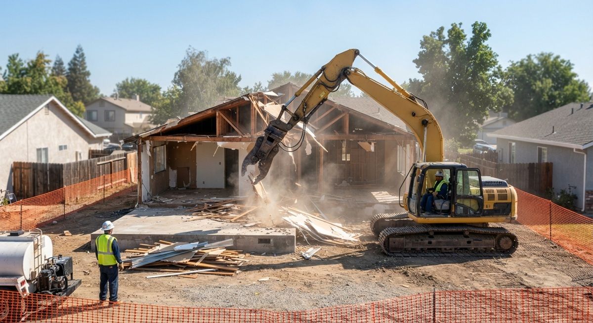 Excavator tearing down a residential house in Manteca, California.