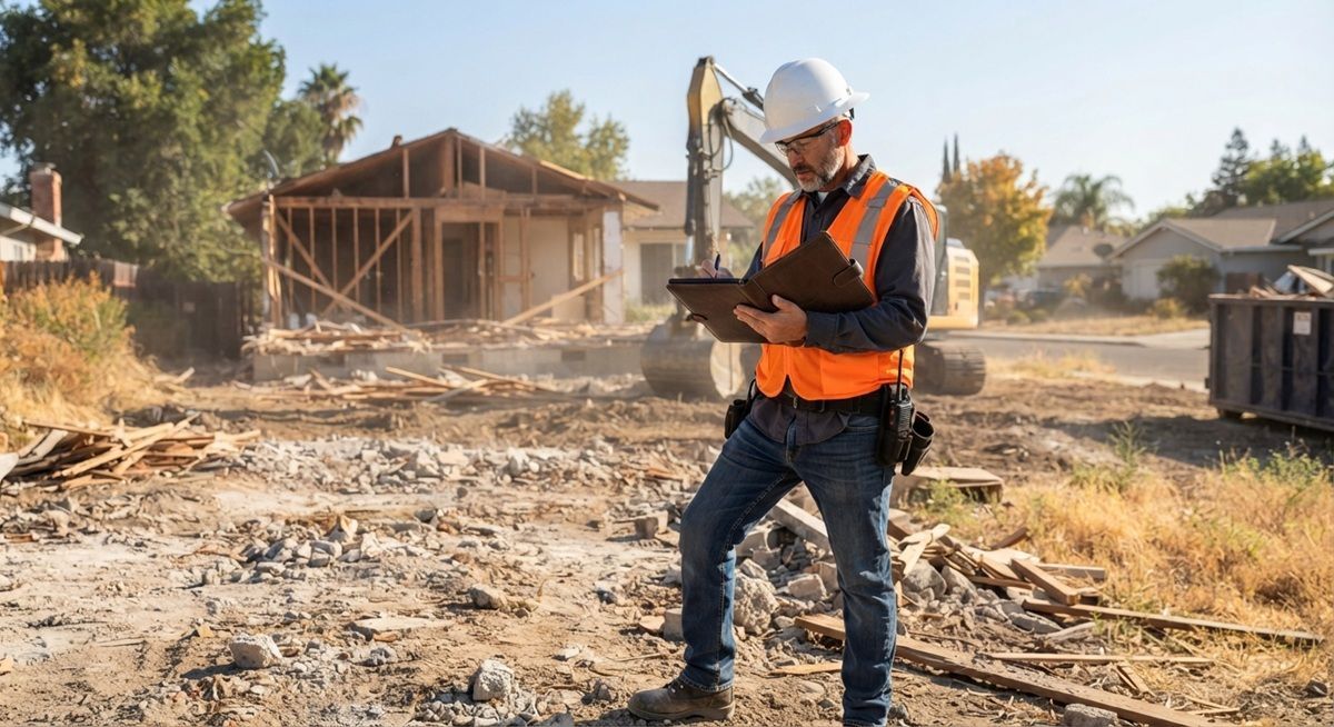 Safety professional reviewing site plans at a residential demolition project in Manteca.
