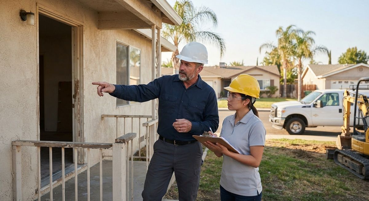 Demolition contractors reviewing a residential property site in Manteca, CA.