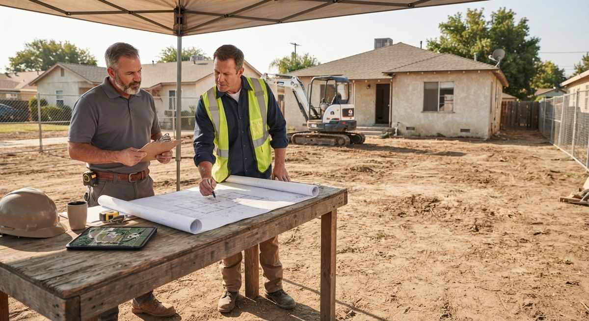 Contractors reviewing demolition blueprints on-site in Manteca, California.
