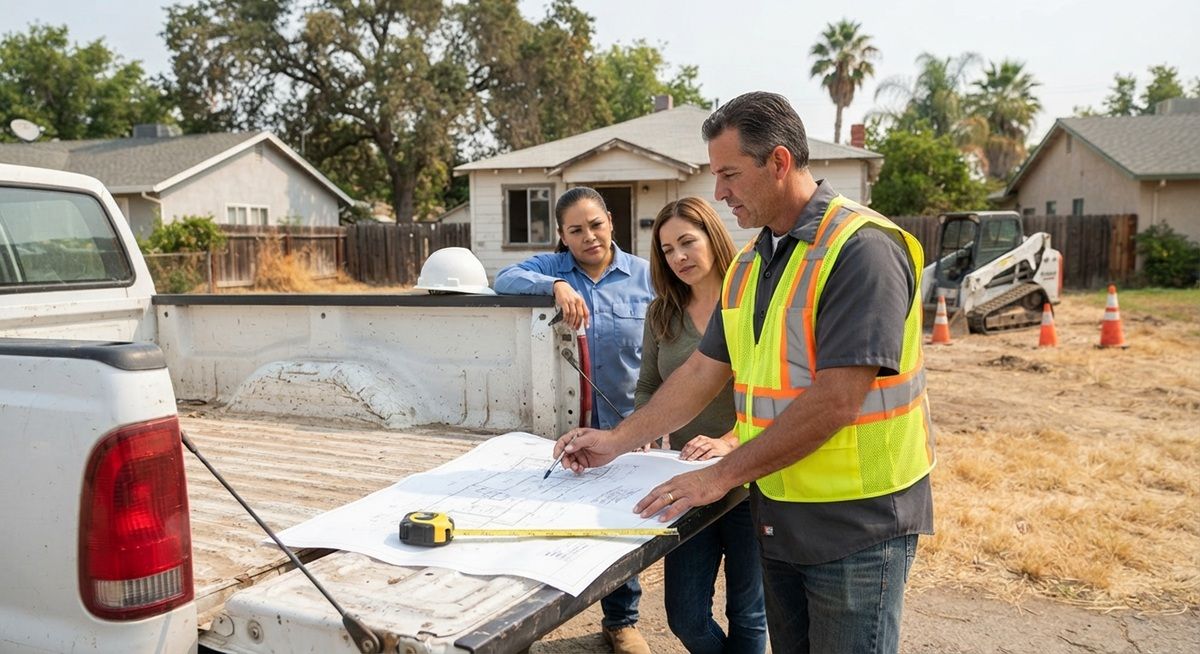 Demolition contractor reviewing blueprints with clients by a truck in Manteca