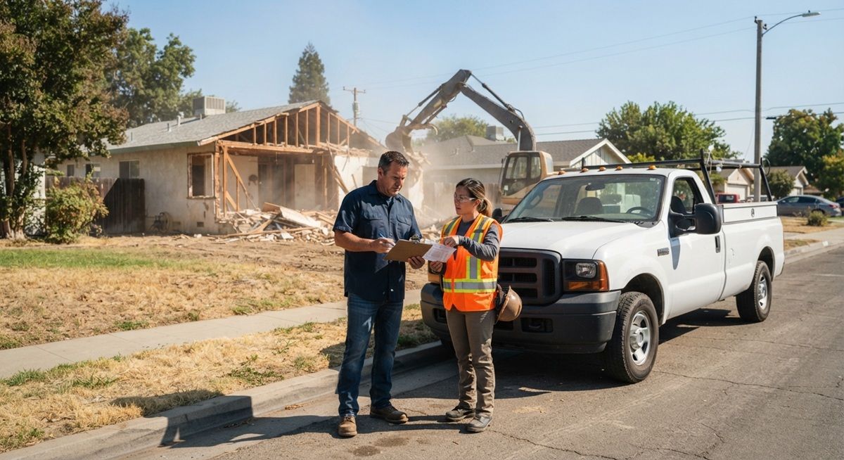 Demolition contractors reviewing scheduling and project timeline on site in Manteca, California.
