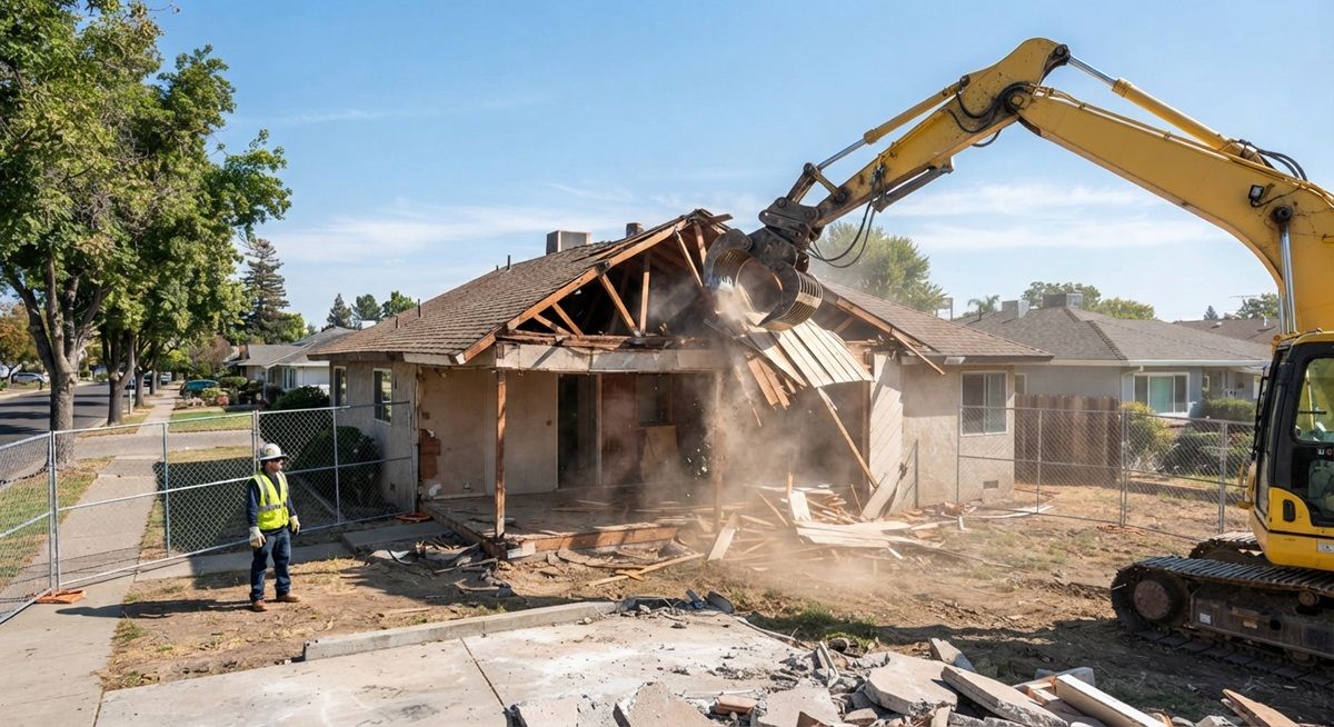 Excavator demolishing a residential house in Manteca
