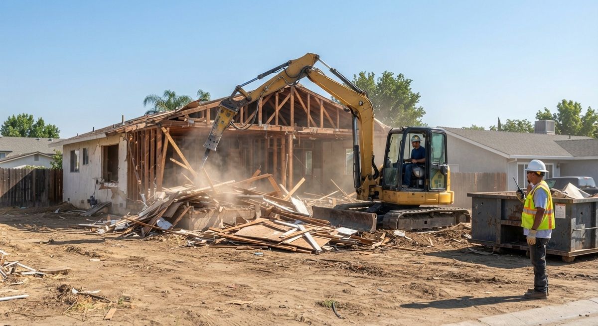 Excavator tearing down a residential house during a demolition project in Manteca.