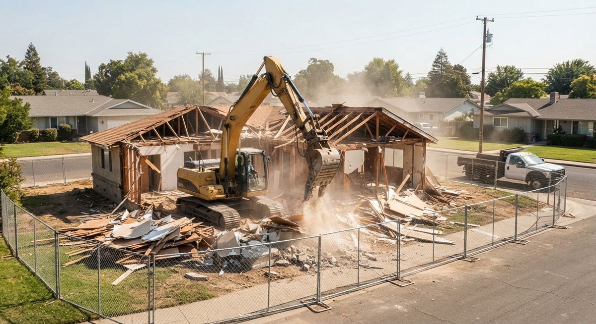 Excavator tearing down a residential house during a demolition project in Manteca.