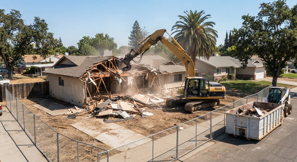 Excavator demolishing a residential house in Manteca, California.
