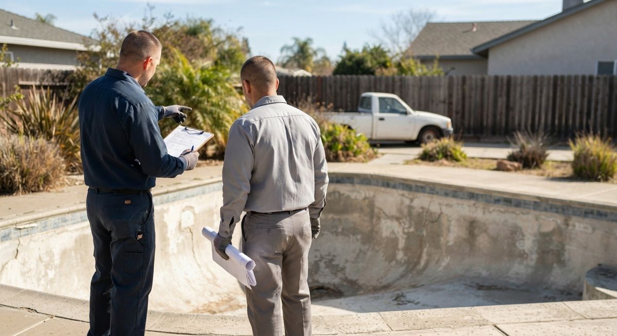 Contractors reviewing pool demolition plans in Manteca backyard