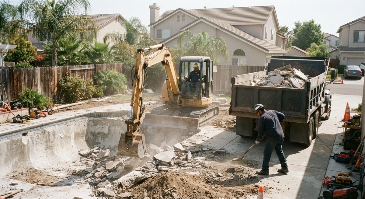 Excavator and dump truck breaking down and cleaning up a residential swimming pool in Manteca, California.