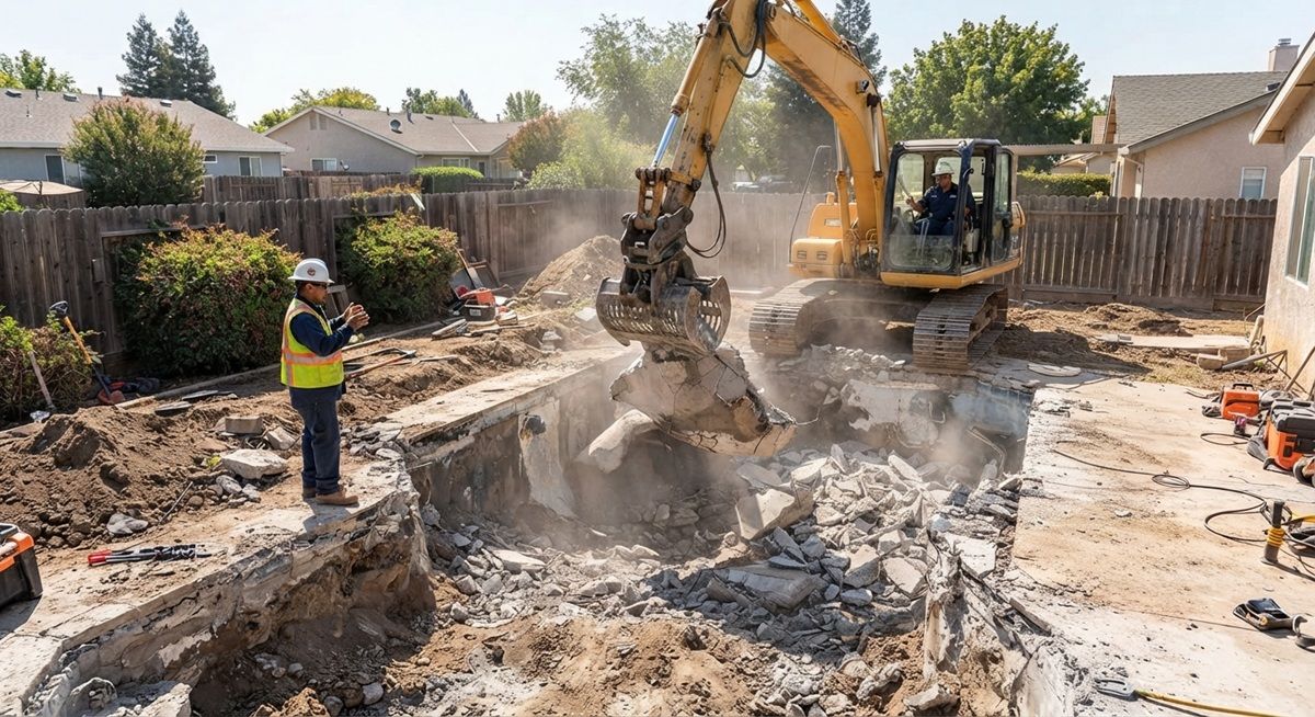 Excavator demolishing a residential swimming pool in Manteca, California.