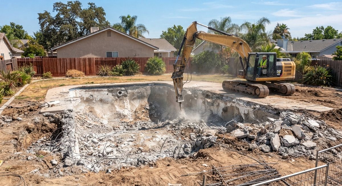 Excavator demolishing a residential swimming pool in Manteca, California.