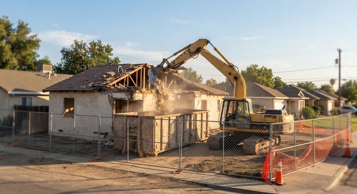 Excavator demolishing a residential property in Manteca, California