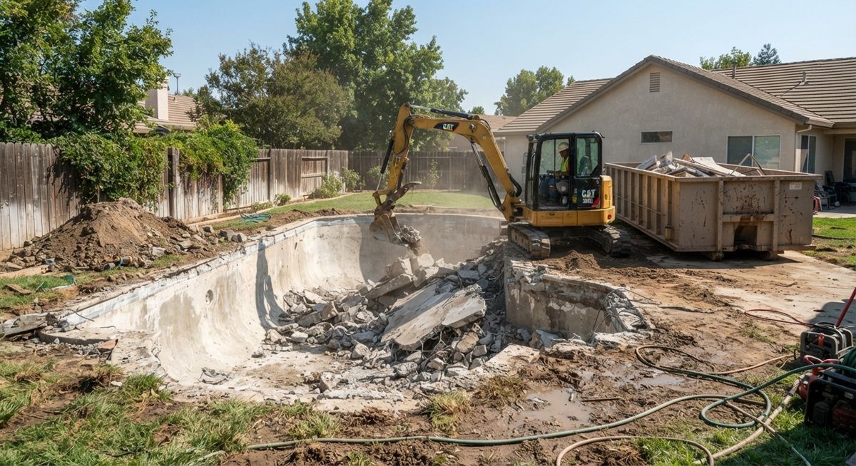 Excavator breaking down a backyard concrete swimming pool in Manteca, California.