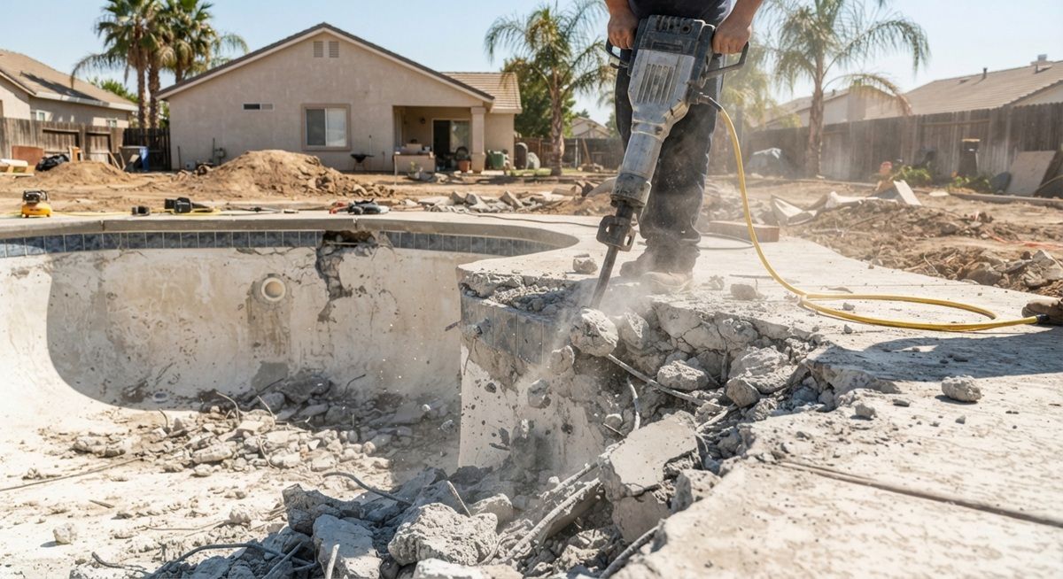 Residential pool demolition with jackhammer in Manteca, CA