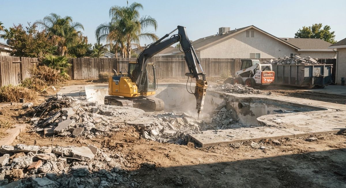 Excavator breaking up a residential concrete swimming pool during demolition in Manteca, California.