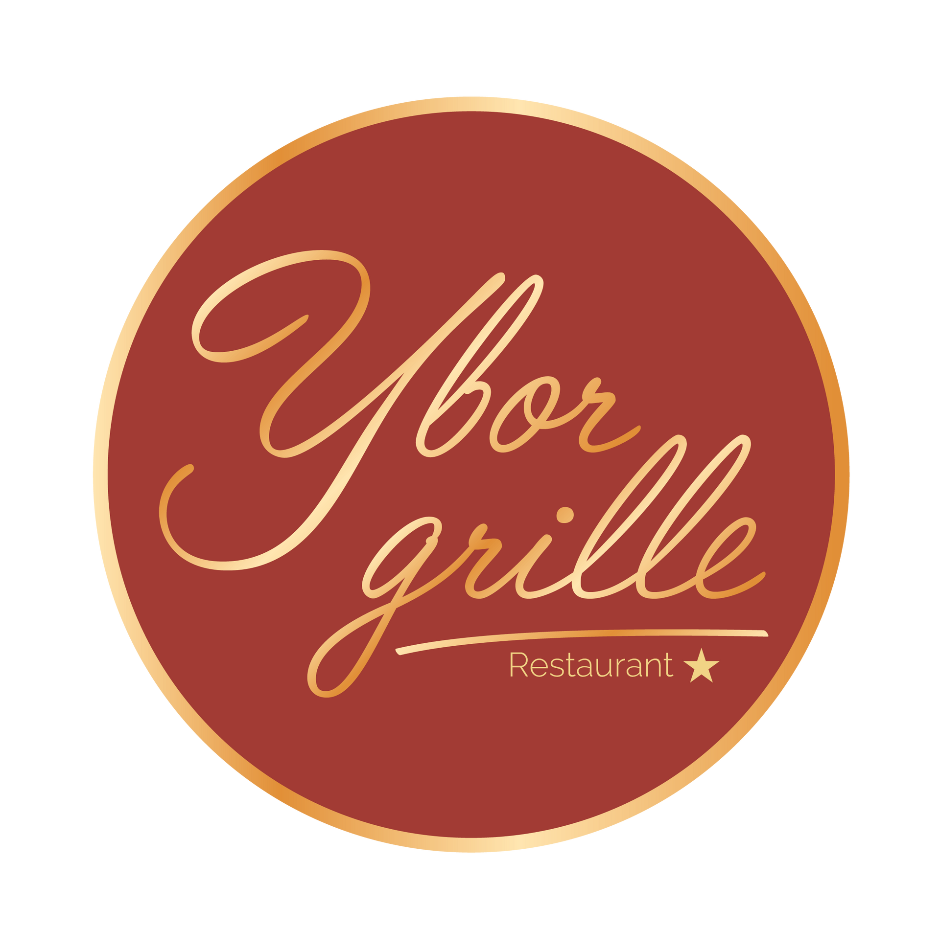 Maroon circular logo with gold script reading &ldquo;Ybor Grille&rdquo; and small &ldquo;Restaurant&rdquo; text.
