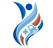 Blue and orange medical logo with a person, cross, and ambulance icon